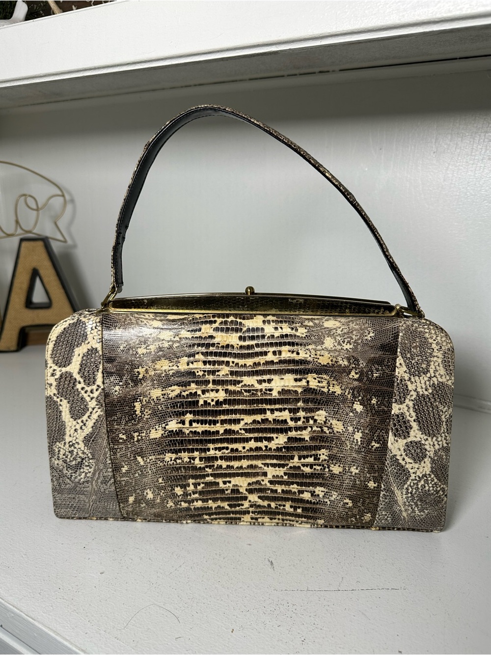 Vintage Genuine Snakeskin Handbag Exotic Leather Top Handle Structured Frame Bag